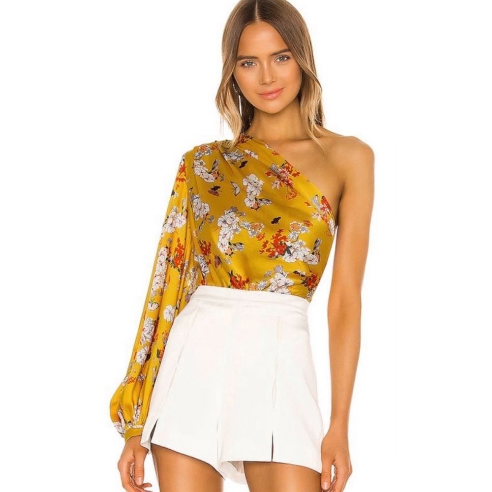 Bronx and Banco One-Shoulder Floral Bodysuit in Mustard Yellow